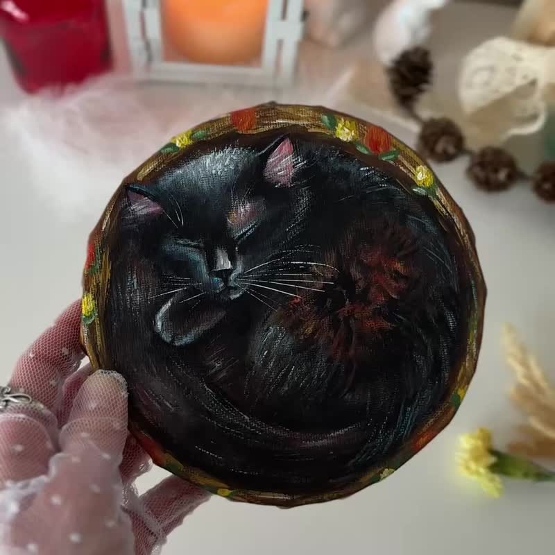 Black Cat canvas painting, Sleeping cat wall art, Pet portrait, Animal painting - 壁貼/牆壁裝飾 - 棉．麻 卡其色