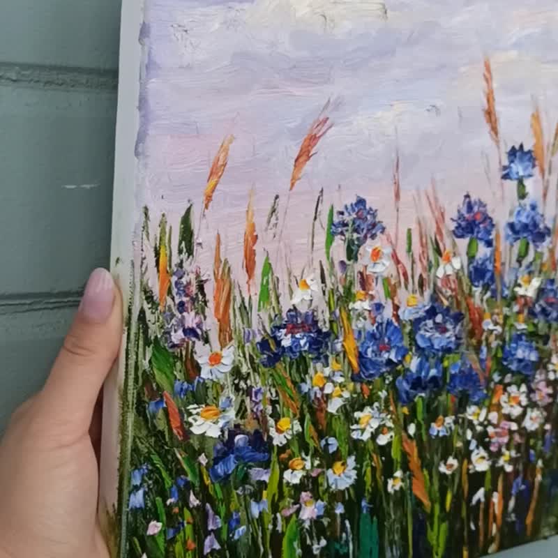 向日葵繪畫花卉原創藝術雛菊厚塗花卉小帆布藝術 - 海報/掛畫/掛布 - 棉．麻 藍色