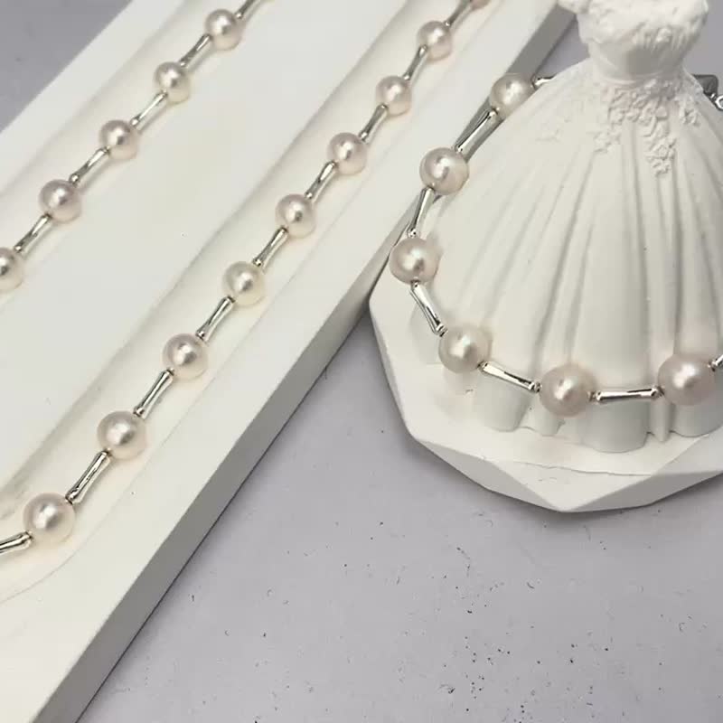 節節高 天然海水珍珠 akoya 淡淡櫻花粉 炫彩 純銀 項鏈 手鏈 - 項鍊 - 珍珠 白色