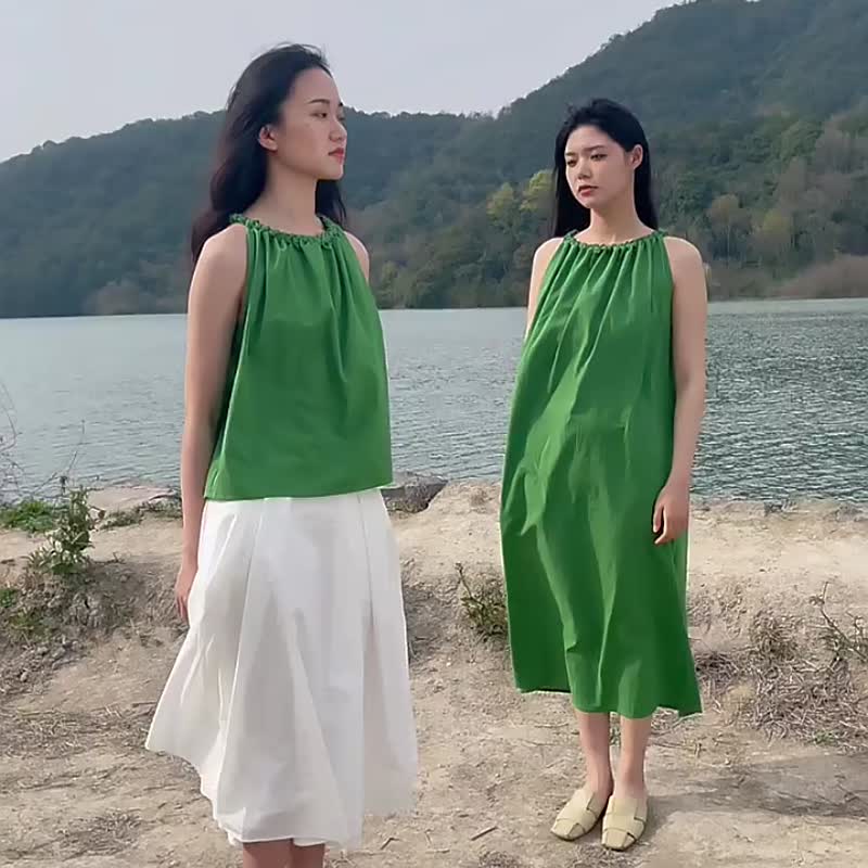 經典不過時黑色 必入 手縫麥穗挂脖系帶上衣/洋裝 環保棉天然纖維 - 洋裝/連身裙 - 棉．麻 黑色