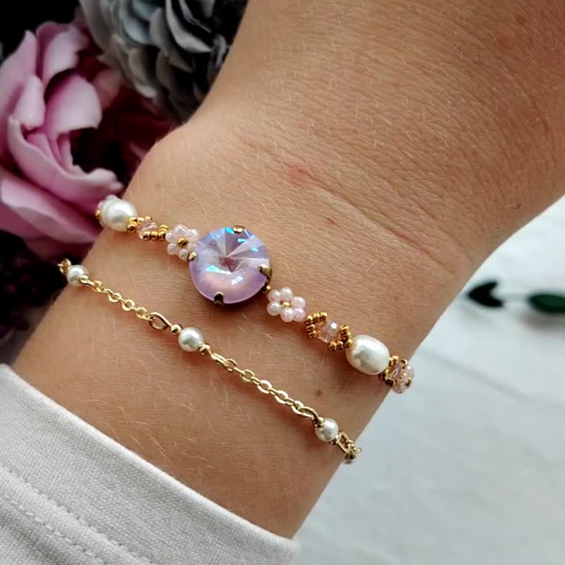 Beaded Bracelet Set with Crystal and Pearl Daisy Accents - 手鍊/手環 - 珍珠 白色