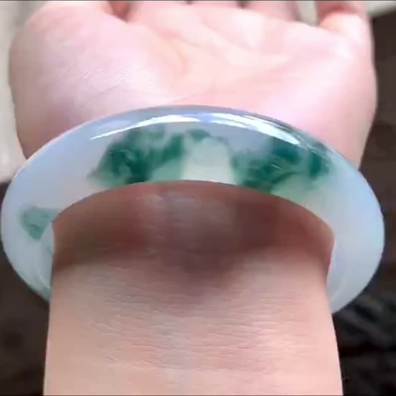 冰種 天然翡翠 緬甸 A玉 玉鐲 • 冰種飄花翡翠福鐲 - 手鍊/手環 - 玉石 藍色