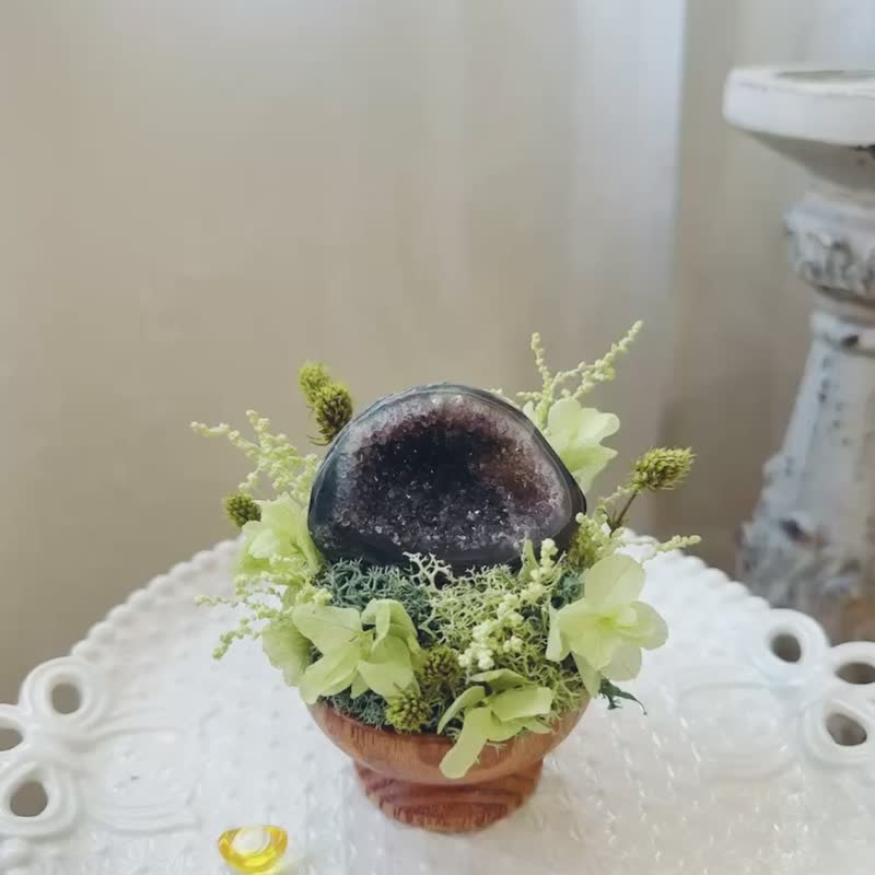 天然紫 錢袋子 水晶。桌面小風景。 微景觀永生葉材 - 盆栽/植栽 - 水晶 紫色