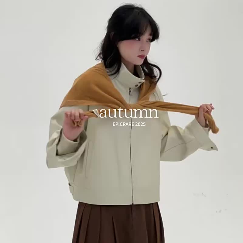5顔色 雙扣立領短款皮夾克 復古休閒寬鬆顯瘦百搭外套 - 女大衣/外套 - 人造皮革 咖啡色