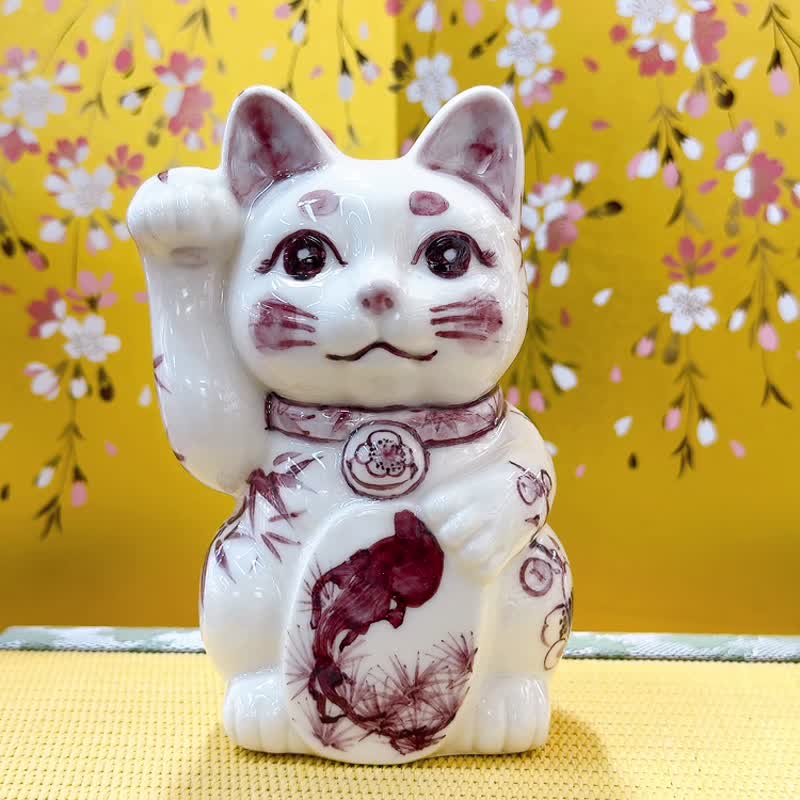 【染韻聚寶】日本清水燒招財貓 | 紫染付 - 梅 右 - 擺飾/家飾品 - 瓷 白色