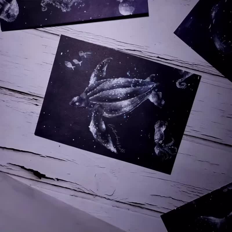 水母星空 - 海洋夜光明信片 | 藍色光芒 - 卡片/明信片 - 紙 