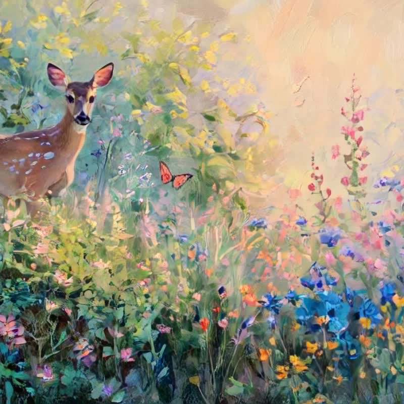 Spring Forest Frightened Deer Flower Deer Art Giclee Print Natural Scenery Hanging Painting Living Room Bedroom Decoration Frameless Painting - โปสเตอร์ - ผ้าฝ้าย/ผ้าลินิน 