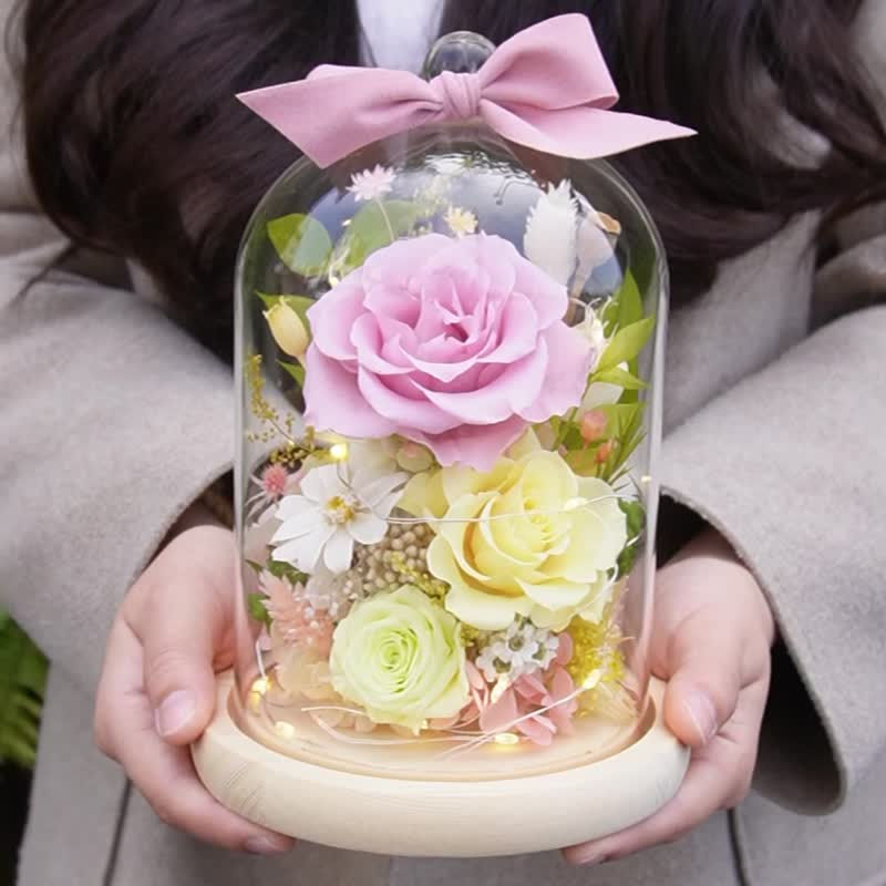 - Birds singing and flowers fragrant - Preserved flower glass cover glass cup night light commemorative gift Valentine's Day decoration - ช่อดอกไม้แห้ง - พืช/ดอกไม้ 