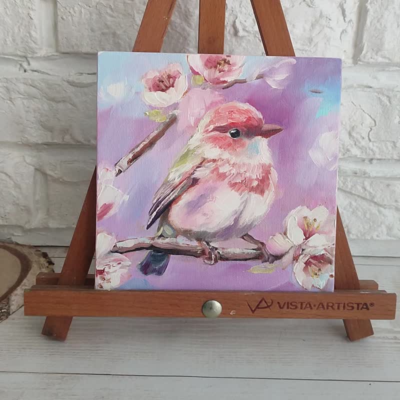 Cute Bird Oil Painting Bird Small Art Bird Artwork Animal Painting Bird Art - 壁貼/牆壁裝飾 - 其他材質 藍色