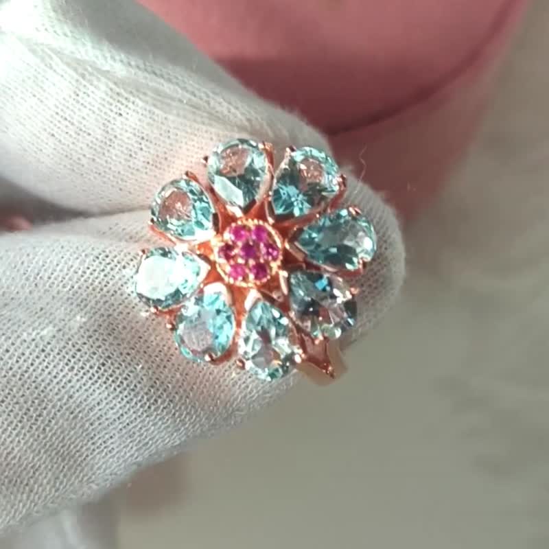 Natural Topaz and Ruby Ring Sterling Silver 925 with Rosegold plated. - 戒指 - 純銀 藍色
