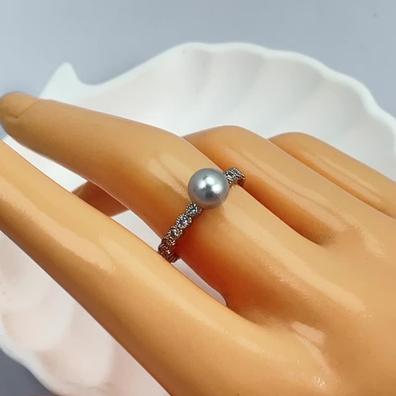 Natural seawater pearl Akoya Linen ancient style open full inlaid Silver ring - General Rings - Pearl Transparent