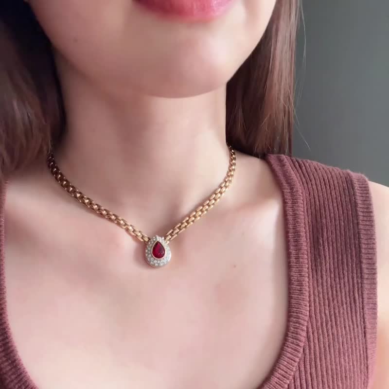 中古稀有品 Lanvin 浪梵 紅寶石項鍊 古董飾物 德國製 禮物 - 項鍊 - 其他金屬 金色