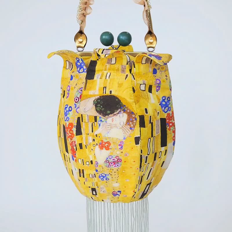 Klimt Kiss Tassel Bud Handbag Kiss Lock Bag Shoulder Crossbody Forest Green - Handbags & Totes - Cotton & Hemp Yellow