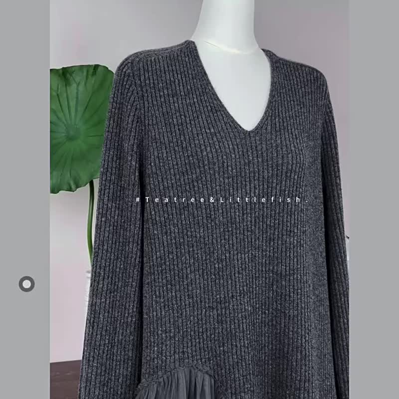 手工網紗拼接設計 羊毛針織長袖連衣裙 不規則幾合下襬 - 連身裙 - 羊毛 多色