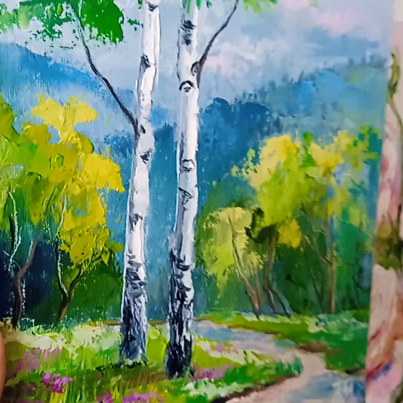Birch Tree Painting Original art Landscape Oil painting 7.8*11.8in - โปสเตอร์ - วัสดุอื่นๆ สีเขียว