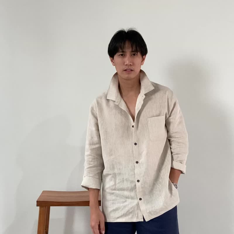 Blue & J Natural Linen Shirt Front Pocket Minimal Shirt - Natural Color - 男裝 恤衫 - 亞麻 白色