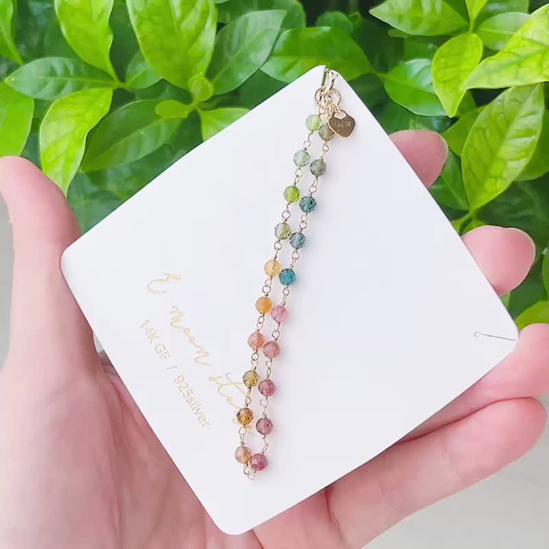 Diamond Faceted Sparkling Stone Tourmaline Bracelet Rainbow Gradient 14K - สร้อยข้อมือ - เครื่องประดับพลอย หลากหลายสี