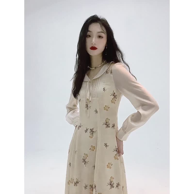 秋上新 水果碎花洋裝中長款法式優雅知性長袖連衣裙 - 洋裝/連身裙 - 聚酯纖維 