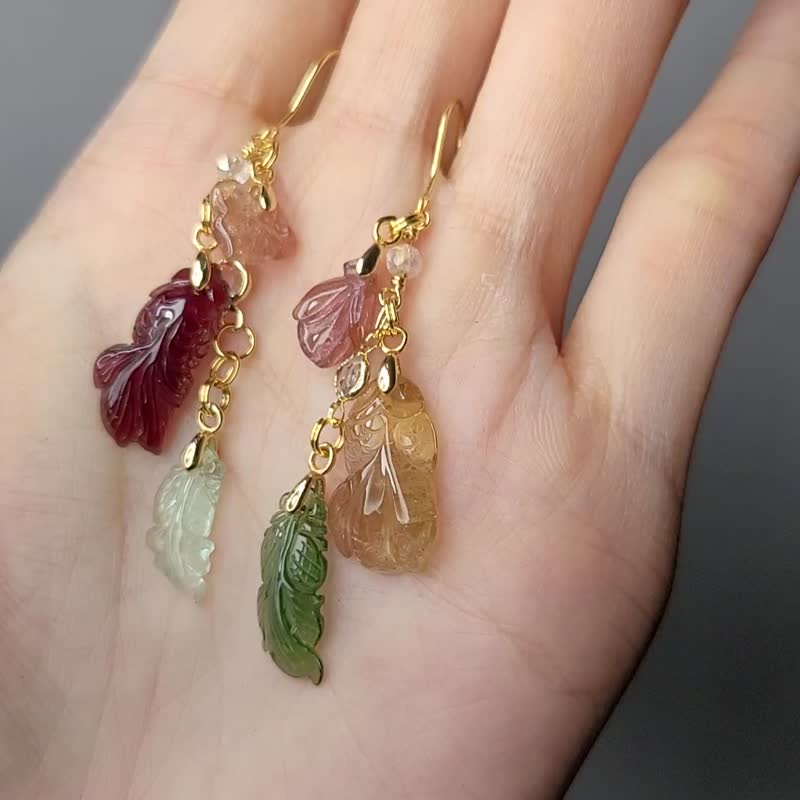 天然 頂級 碧璽 金魚 多寶釧 一葉成功 如人所意 富貴 耳環 單品 - 耳環/耳夾/耳骨夾 - 寶石 多色
