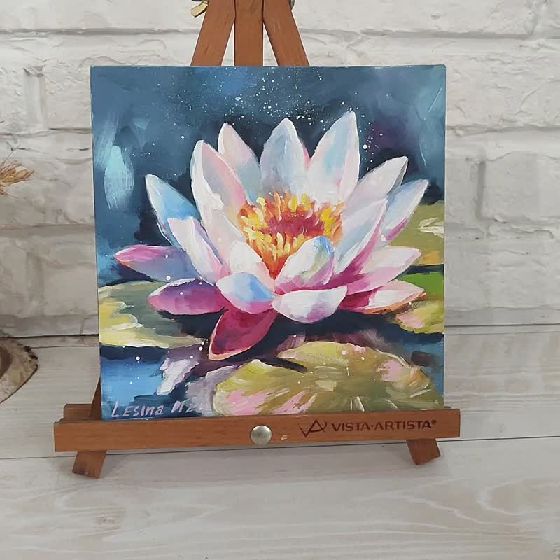 Lotus Oil Painting Lotus Original Art Pink Flower Artwork Buddhism Painting - 壁貼/牆壁裝飾 - 其他材質 粉紅色