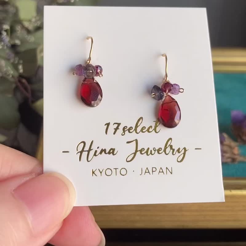 14KGF Mozambique Garnet earrings / Birthstone of January - ต่างหู - เครื่องเพชรพลอย สีแดง