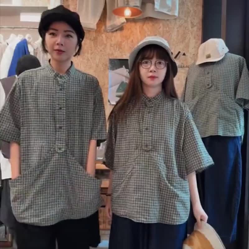 Personally customized Ogura bean paste big pocket Henry bubble cotton plaid shirt - 2 colors - red bean dark coffee - เสื้อเชิ้ตผู้หญิง - ผ้าฝ้าย/ผ้าลินิน สีนำ้ตาล