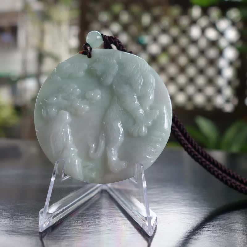 天然翡翠牌 43克 緬甸玉 A貨 翡翠 白底青 玉牌吊墜 玉佩掛件 - 頸鏈 - 玉石 綠色