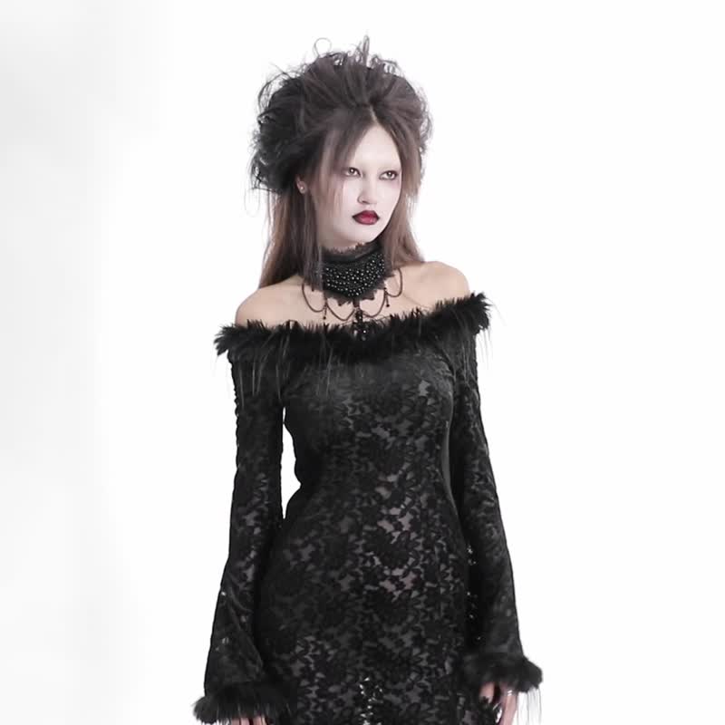 Gothic Dark Continent Goddess Raw Edge Dress/One-line collar/V-shaped neck/Short in front and long in back - ชุดเดรส - วัสดุอื่นๆ สีดำ