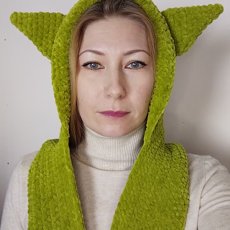 Green dragon hat scarf crochet. Yoda hat scarf hand knit. Green hood scarf. - Hats & Caps - Other Materials Green