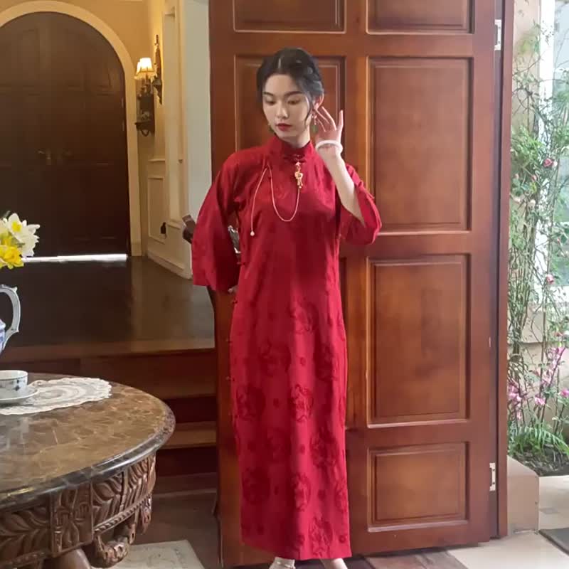 鳳求凰 全開襟盤扣倒大袖古法旗袍  復古改良中式新娘敬酒服禮服 - 旗袍/改良式旗袍 - 聚酯纖維 紅色