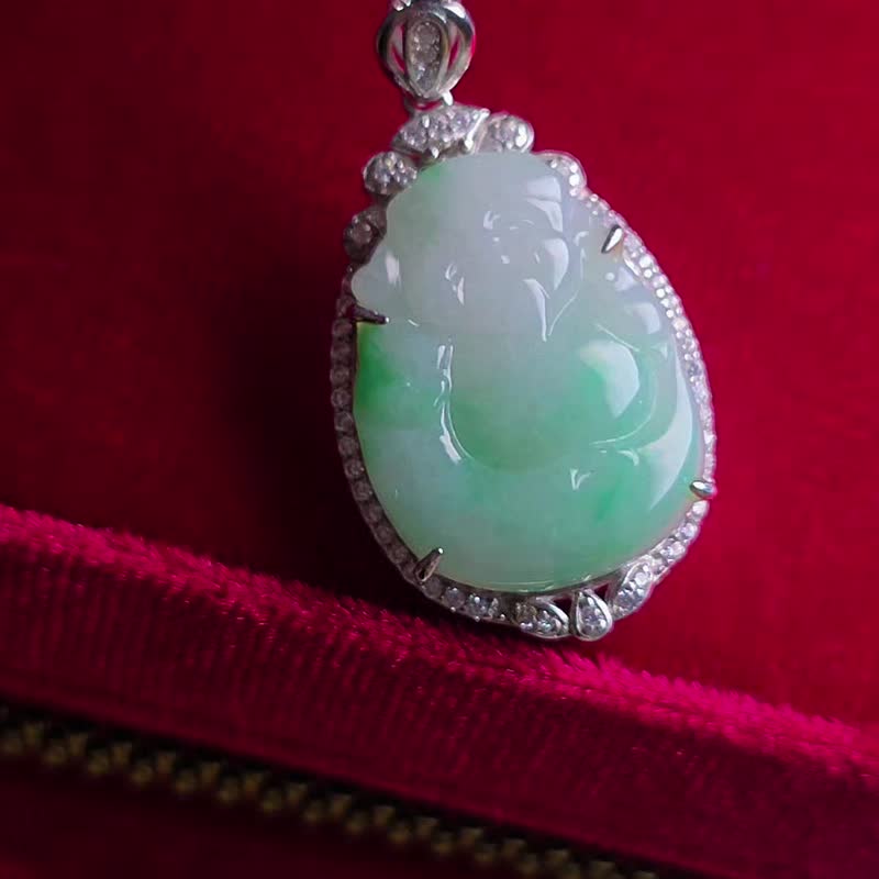 世界首富男神|白底青財神爺佛公|緬甸A貨翡翠純銀吊墜項鏈 - 項鍊 - 玉石 