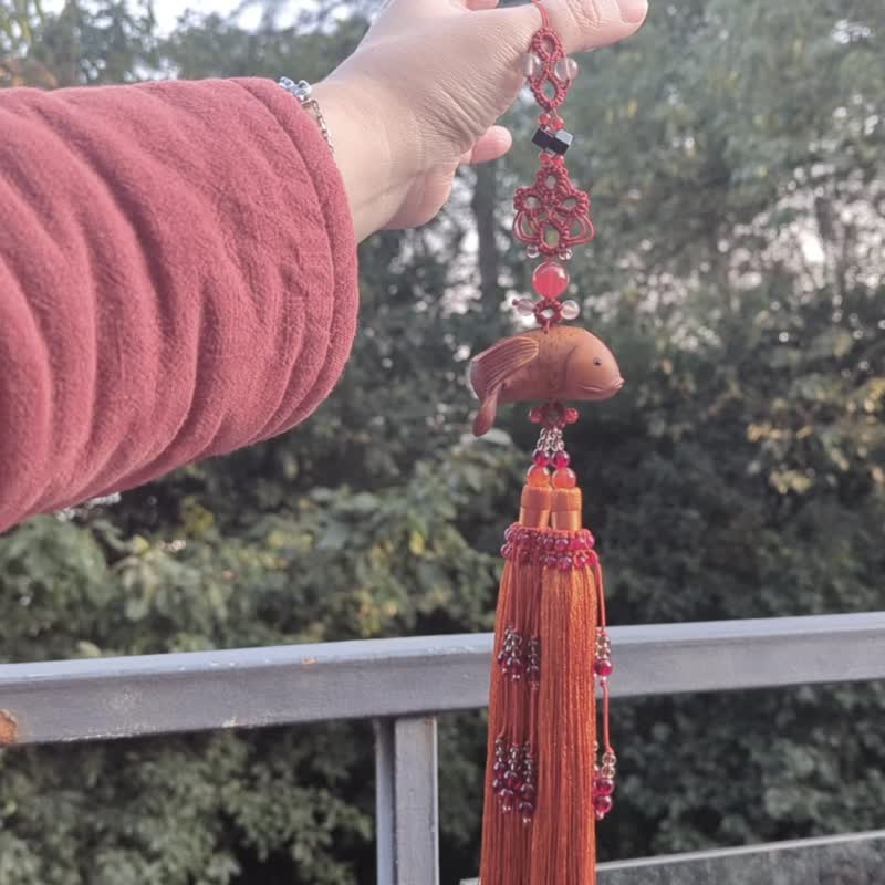 Boxwood Hand-carved Koi Carp Agate Crystal Chinese Knot Pendant Hanfu Classical Tassel Pendant - Charms - Wood Orange