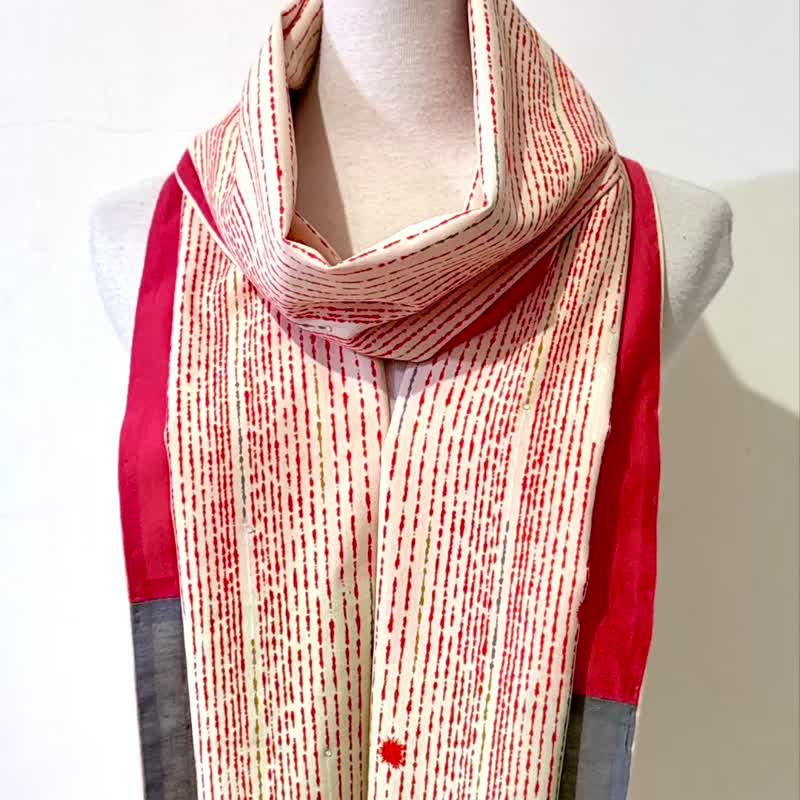 設計師手作古董日本幾何橘白線條圓點橘灰撞色拼接蝴蝶圍巾披肩 - 圍巾/披肩 - 羊毛 橘色