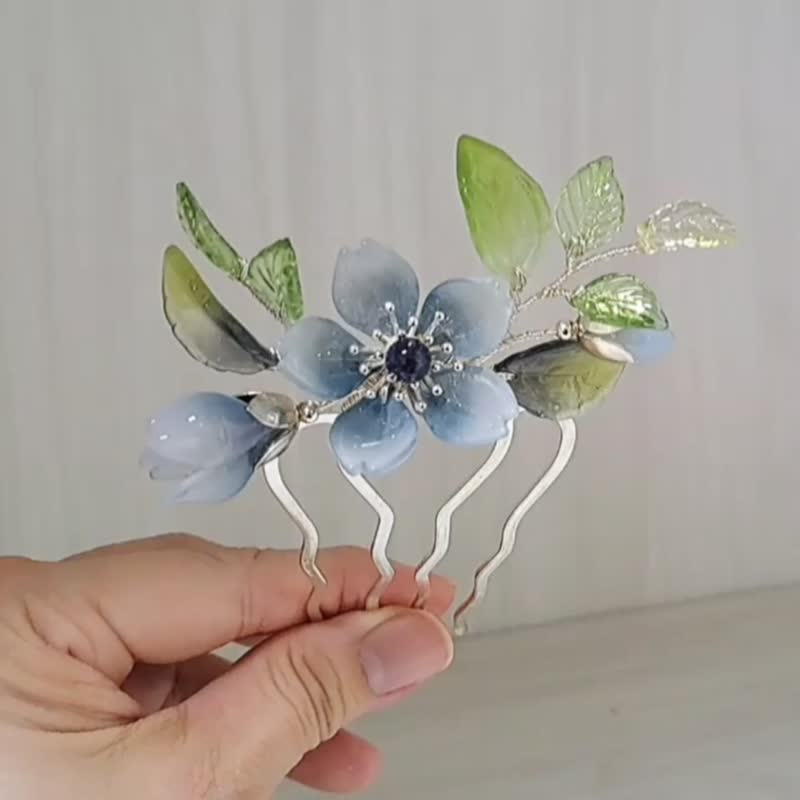 Gemstone Glazed Flower Series [Grey Blue Cherry Blossom] ~Four Strand Hairpin~ - Hair Accessories - Glass Blue