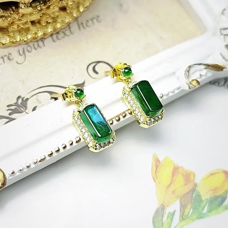 Wealth Recruitment|Wu Shi Brand|A Grade Jade Old Pit Type Ice Green Wu Shi Brand Sterling Silver Exquisite Earrings - Earrings & Clip-ons - Jade 