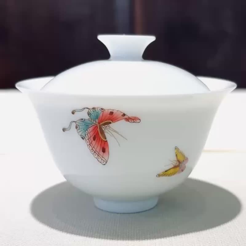 自慢監製 不言美器 釉中彩 玉瓷 蓋杯 蝴蝶 - 茶壺/茶杯/茶具 - 瓷 