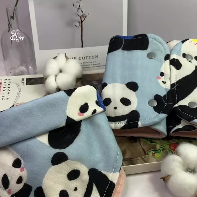 彌月禮盒 | 滿月禮盒 | 可愛動物—熊貓 圍兜+揹巾口水巾 套組 - 滿月禮物 - 棉．麻 藍色