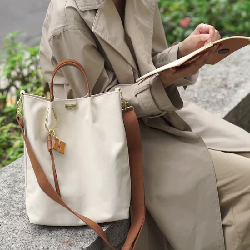 Lab leather canvas long tote/ Brown, honey Brown(can accommodate laptops and A4) - Messenger Bags & Sling Bags - Genuine Leather 