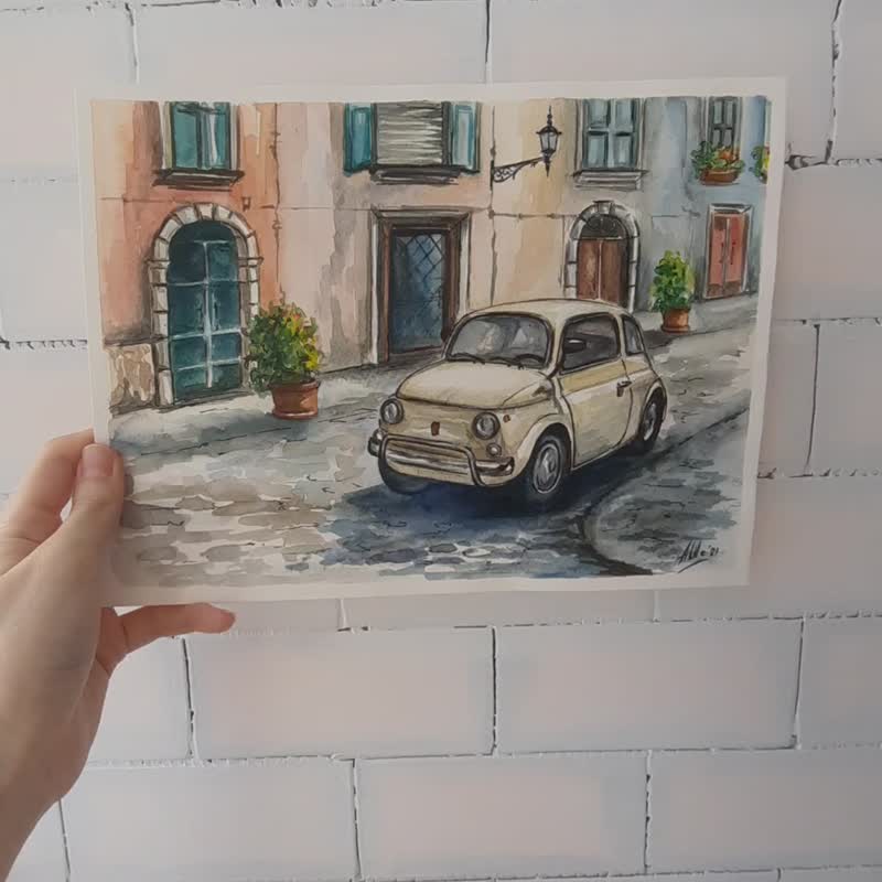 Retro car painting Watercolor painting Original art Landscape Italy Cityscape - 海報/掛畫/掛布 - 紙 多色