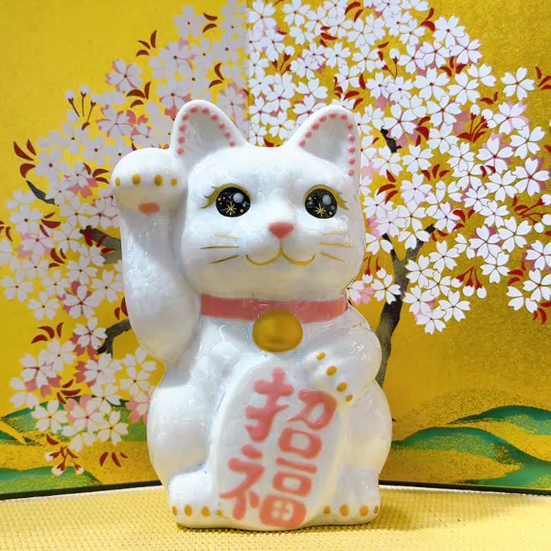 【粉晶招福】日本清水燒招財貓 | 花結晶 白 - 招福 右 - 擺飾/家飾品 - 瓷 白色