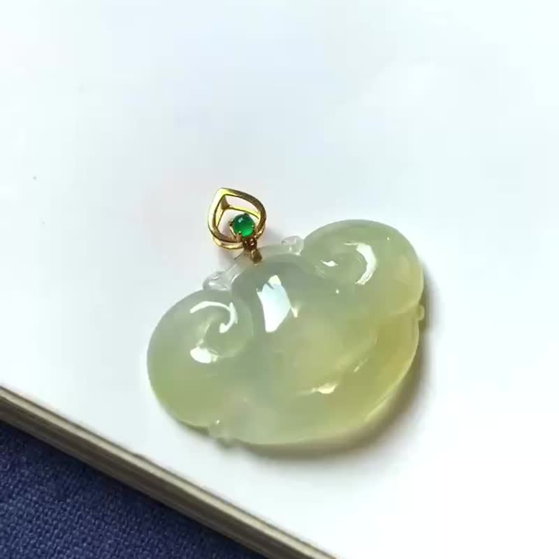 冰種 天然翡翠 緬甸A玉頸鏈 • 18K金如意翡翠吊墜 - 項鍊 - 玉石 黃色
