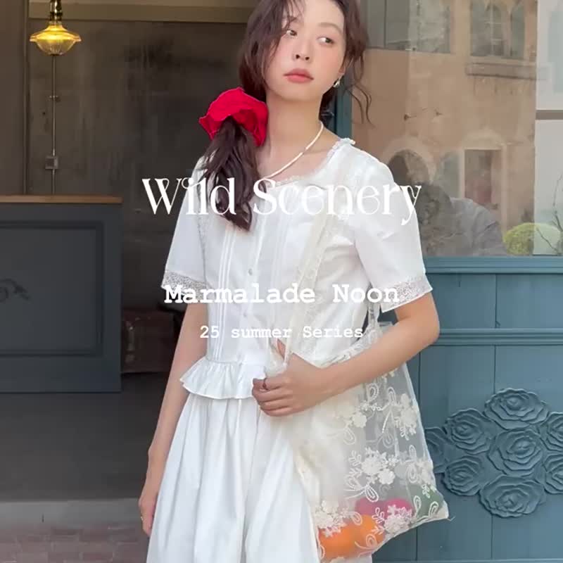 白晝夢語 法式古典蕾絲拼接短袖襯衫 白色半裙 可搭套裝 - 女上衣/長袖上衣 - 棉．麻 白色