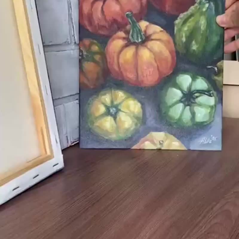 Pumpkin painting Autumn vegetables art Acrylic painting Small still life - 海報/掛畫/掛布 - 其他材質 多色