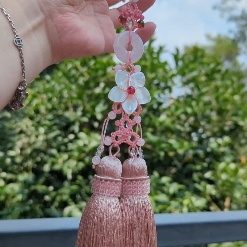 Car rearview mirror pendant Chinese knot crystal tassel classical pendant collar round fan pendant bag pendant Hanfu - Charms - Semi-Precious Stones Pink