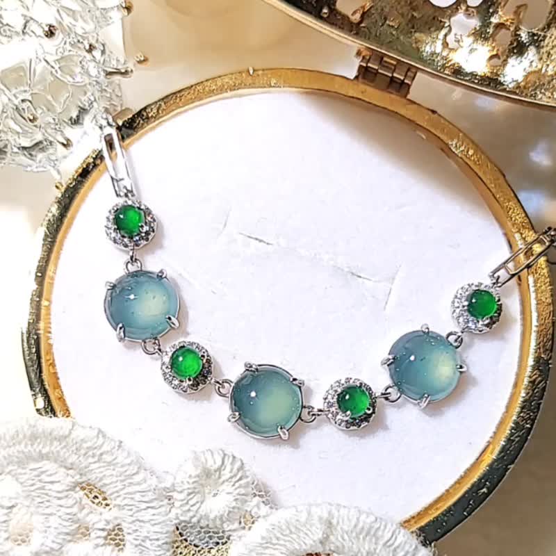 |Goddess of Wealth|A-grade jadeite ice glass light blue extra large egg surface 9mm sterling silver plated 18k small luxury bracelet - สร้อยข้อมือ - หยก 