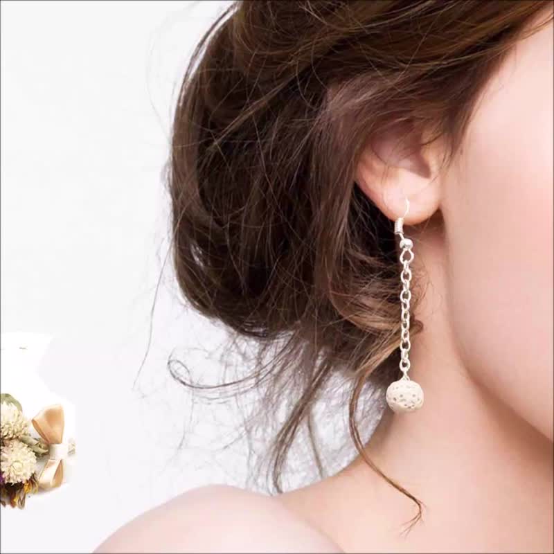 Essential Oil Earrings Beige Lava Beads Dangle Hook Piercing 1 Set Piece Option - Earrings & Clip-ons - Stone White