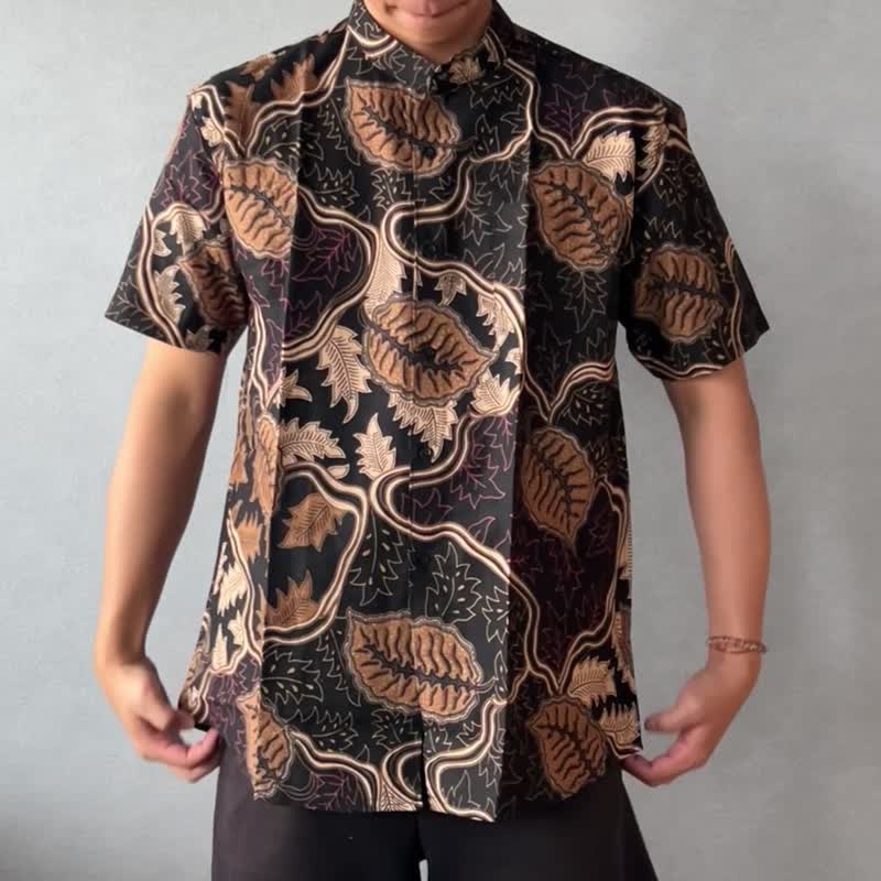 ARJUNA Oversized Short Sleeve Shirt - Black Brown - ARJ005 - เสื้อเชิ้ตผู้ชาย - ผ้าฝ้าย/ผ้าลินิน สีดำ