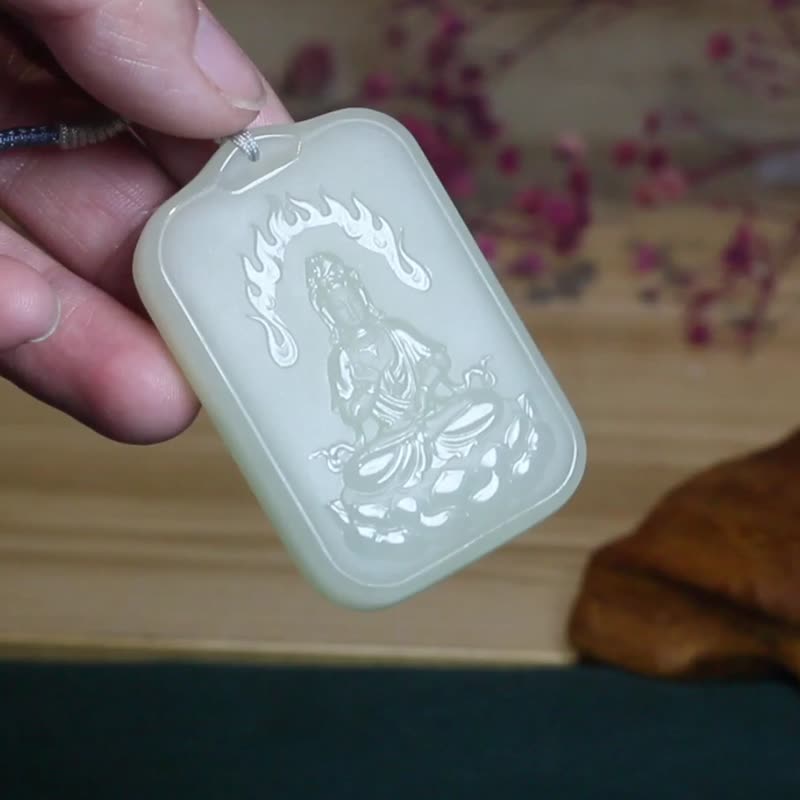 【禪】觀音項鏈/蓮花觀音玉墜/精美禮物/天然和田玉 - 項鍊 - 玉石 白色