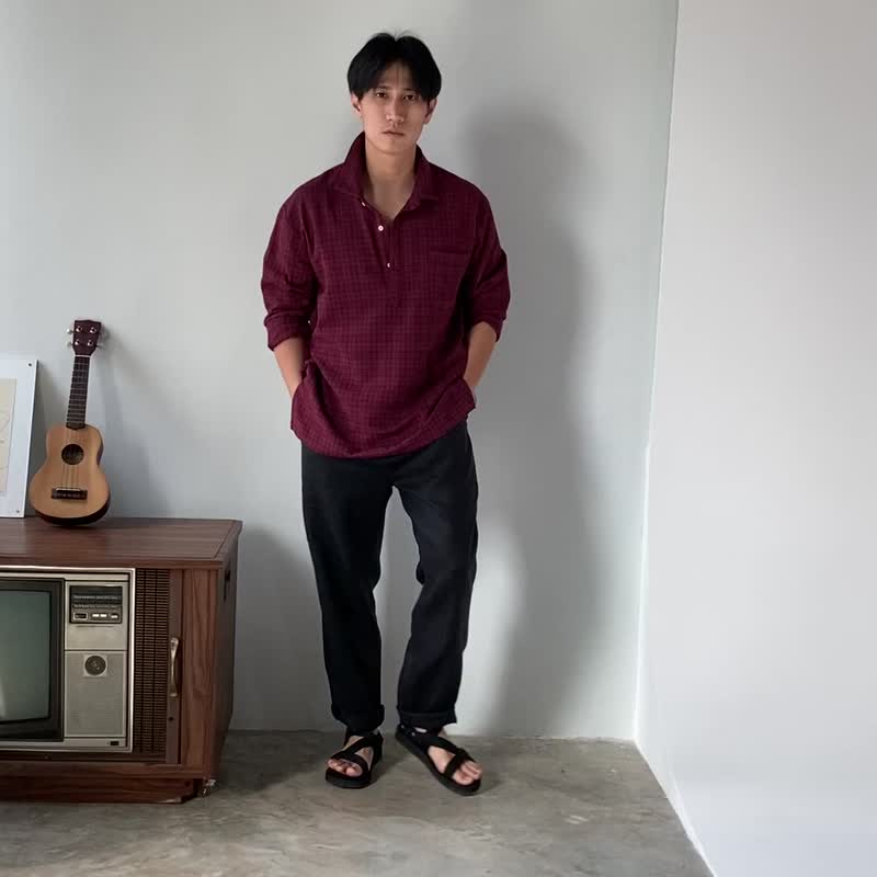 Blue & J Natural Cotton White Buttons Shirt - Dark Red - 男襯衫/休閒襯衫 - 棉．麻 紅色