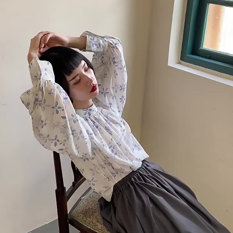 藍藍白白碎花 清新少女花花燈籠袖上衣 法式浪漫長袖襯衫襯衣 - 女襯衫 - 聚酯纖維 白色